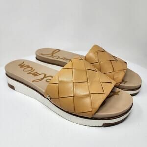Sam Edelman Adaley Woven Slide Sandals Women 11M Sand Leather Low Wedge Slip-on